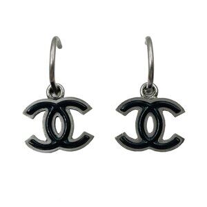 Chanel Gunmetal CC Black Pop Up Hoop Piercing Earrings